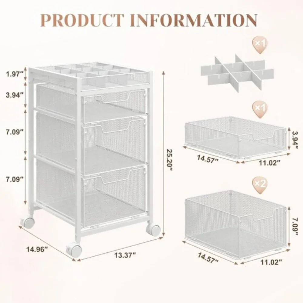 New Rolling Makeup Cart Organizer, 3-Drawer White Vanity Storage with Wheels